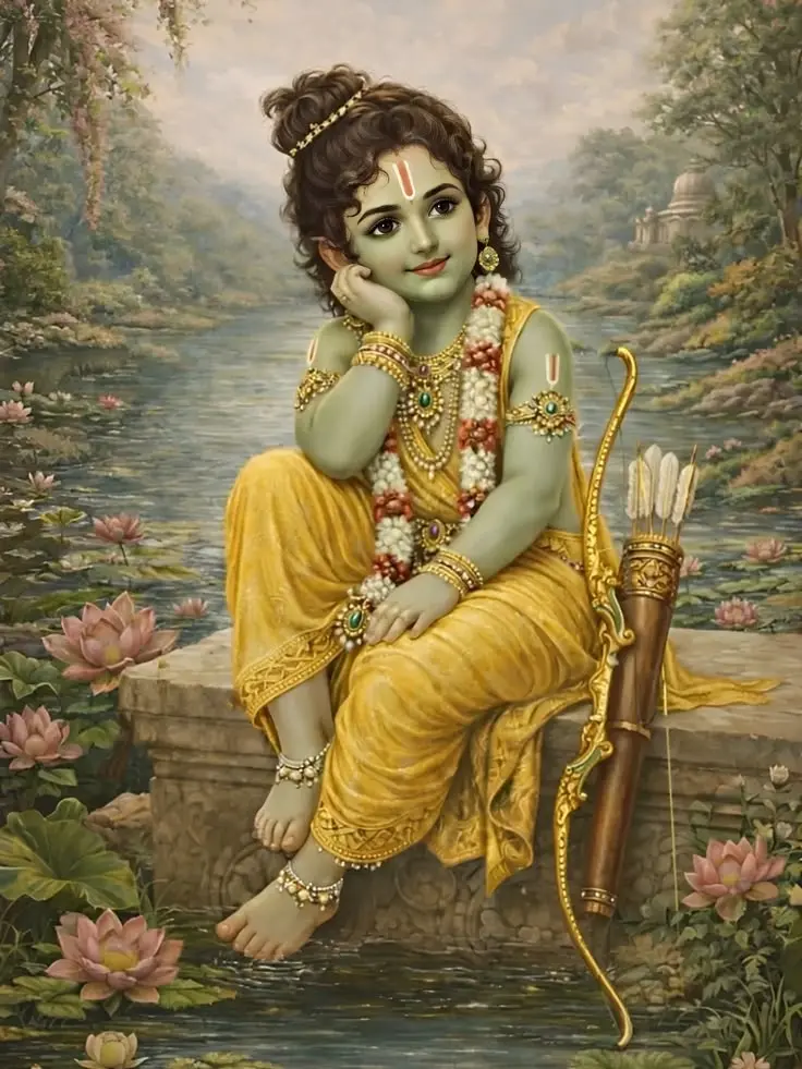 Bal Ram seated by the river with his bow
