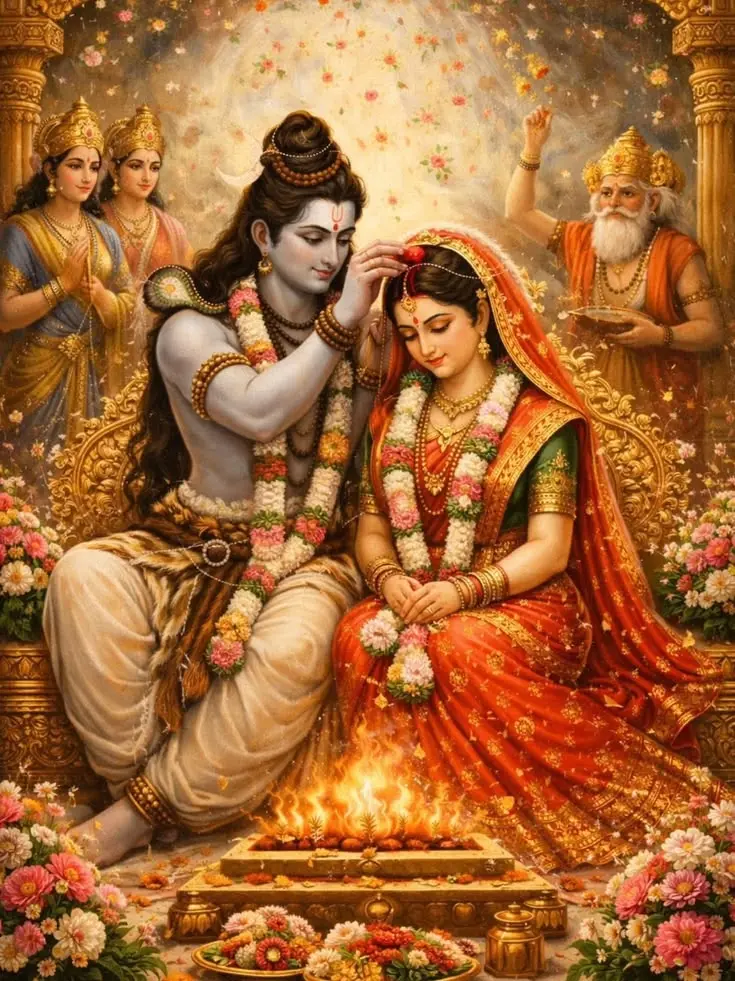 Shri Shiv Parvati Vivah — Bhagwan Shiv applying sindoor to Mata Parvati