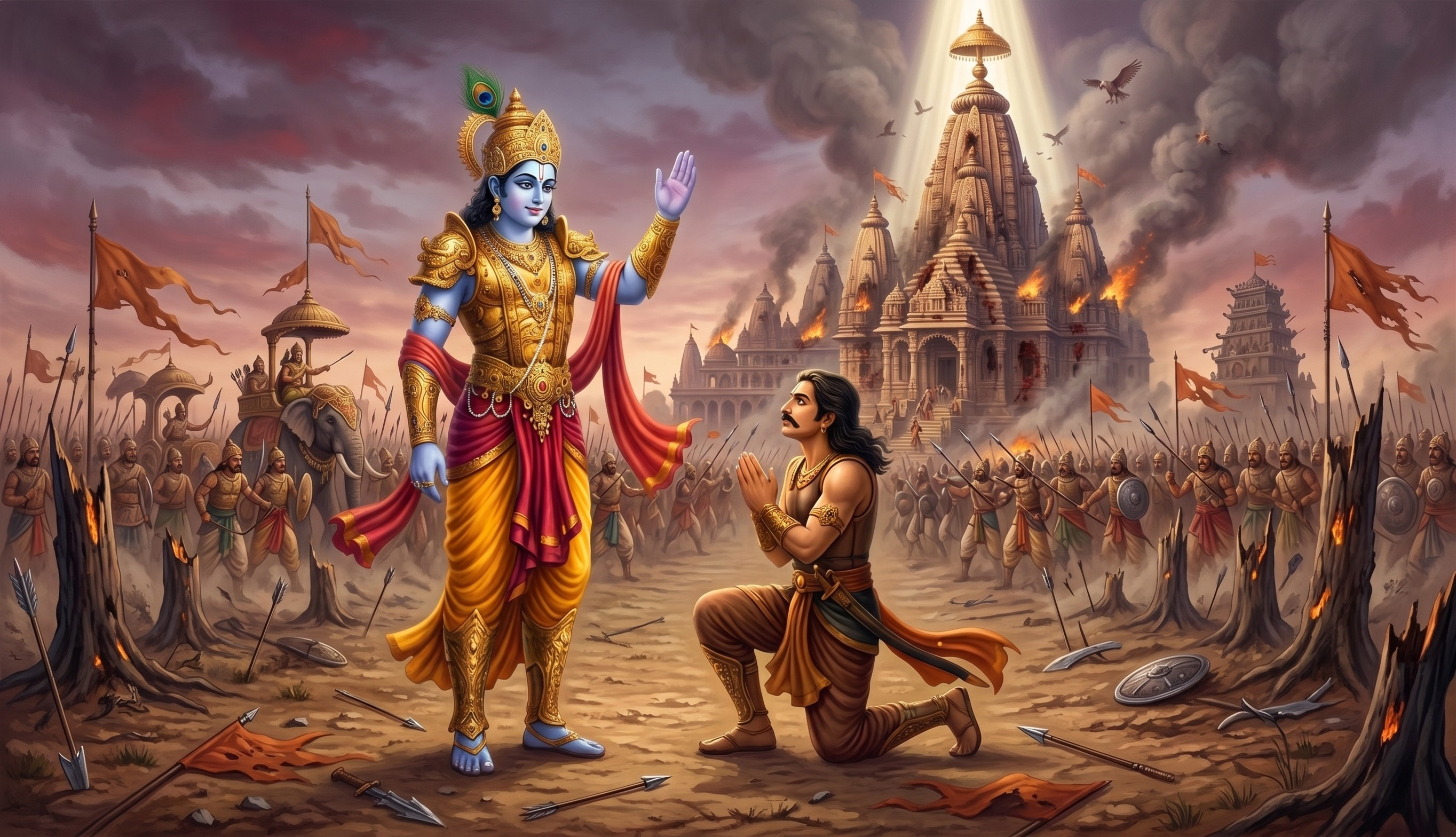 Bhagavad Gita artwork with Krishna and Arjuna on the battlefield.