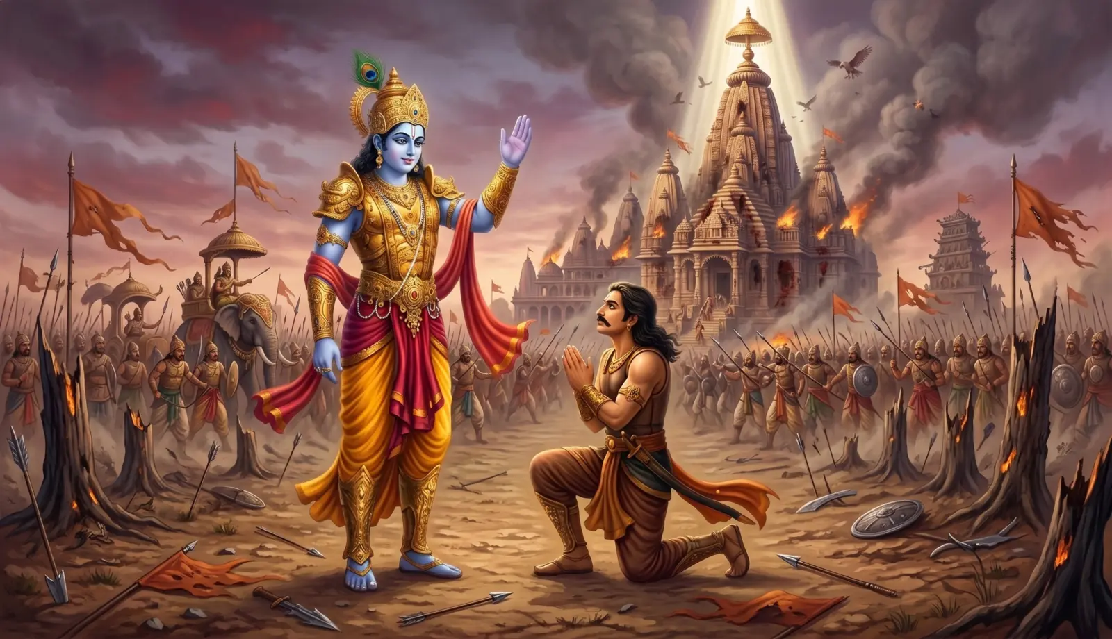 Bhagavad Gita artwork with Krishna and Arjuna on the battlefield.