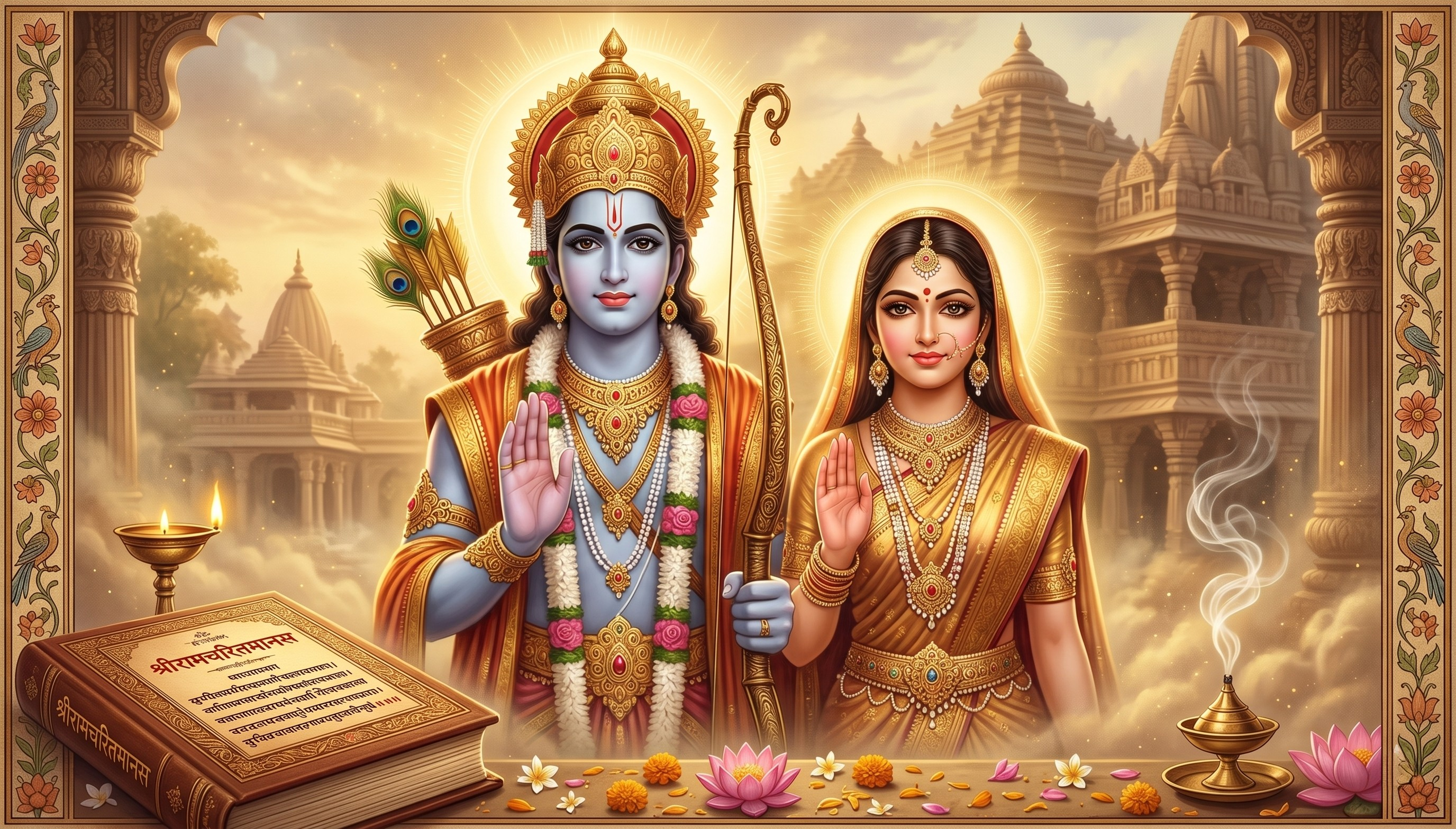 Ramcharitmanas devotional artwork with sacred temple setting.