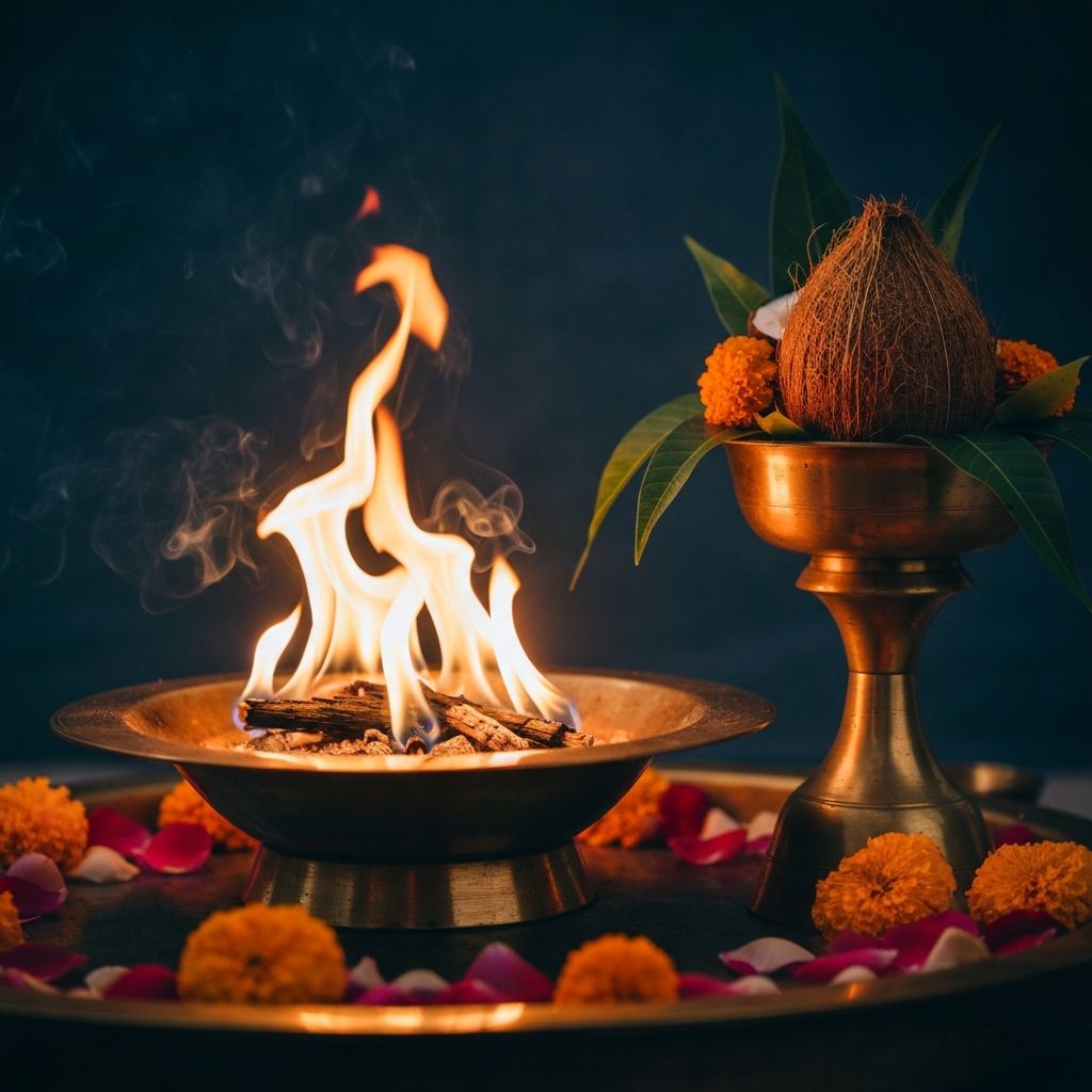 A sacred havan arrangement with traditional ritual elements.